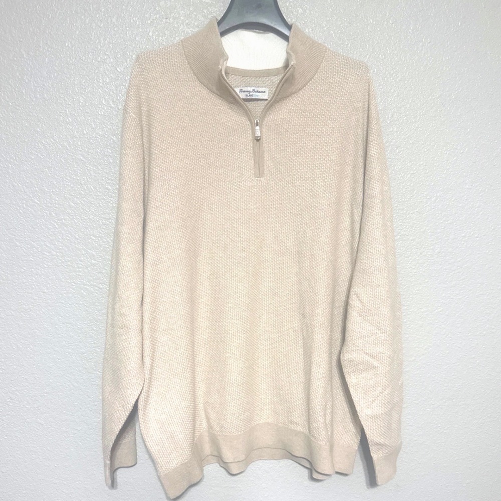 Tommy Bahama IslandZone Mens XXL 2XL 1/4 Zip‎ Sweater Tan Beige Knit Pullover